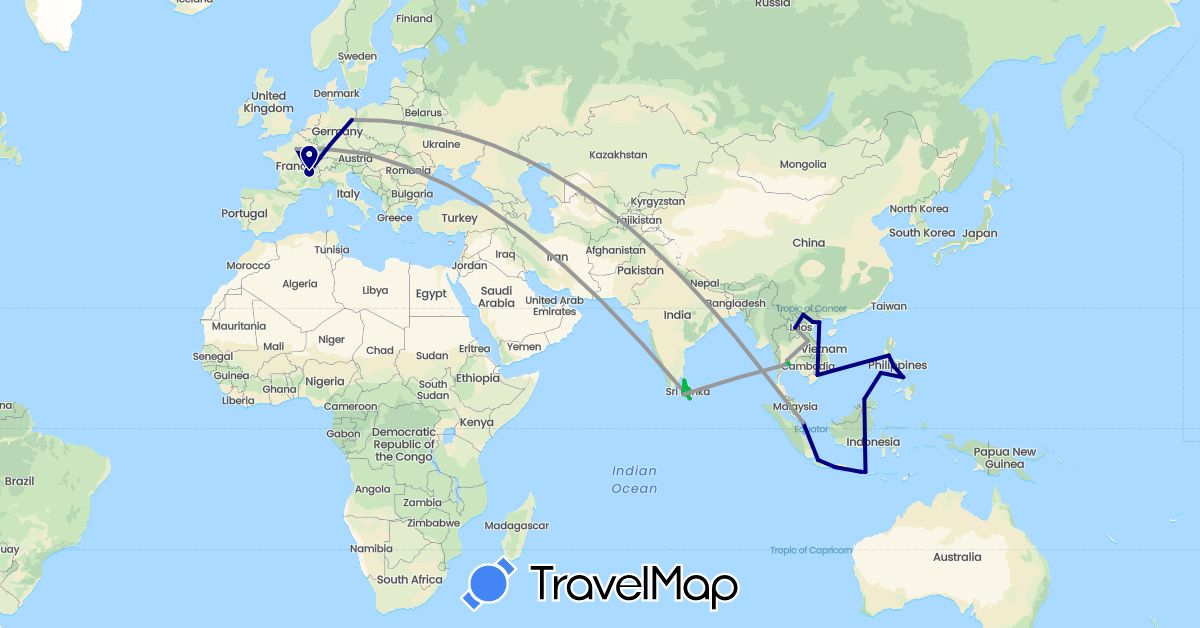 TravelMap itinerary: driving, bus, plane in Austria, Germany, France, Indonesia, Laos, Sri Lanka, Malaysia, Philippines, Singapore, Thailand, Vietnam (Asia, Europe)